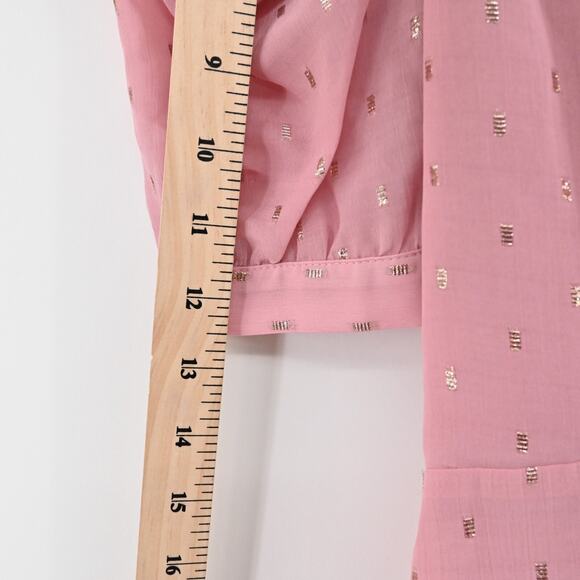 EXPRESS Dress Sz M Pink Gold Metallic Clip Dot Puff Sleeve Coquette Ballet Retro - Picture 12 of 12